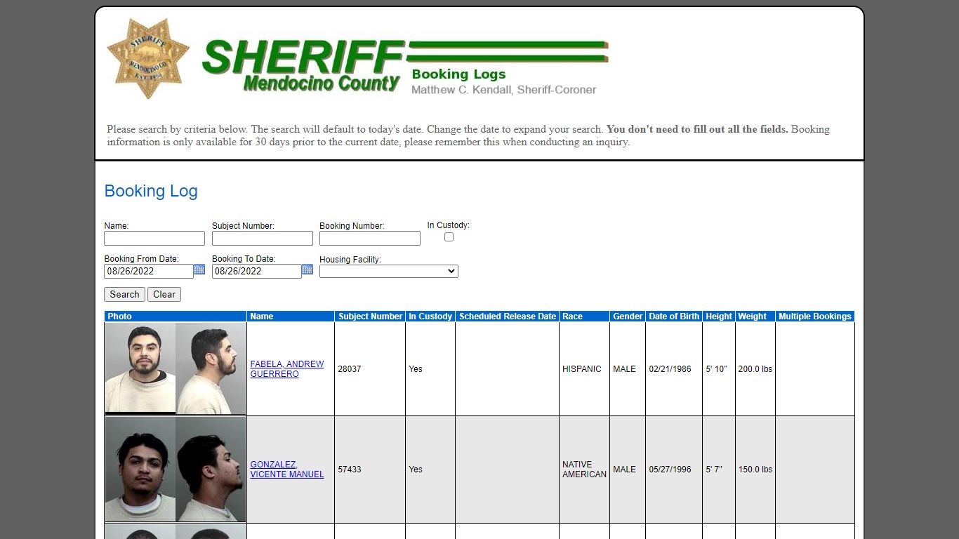 Booking Log - Mendocino County Sheriff's Office